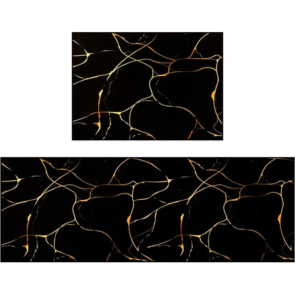 Black Golden Marble Kitchen Rugs 2 PCS Set Geometric Line Runner Rug Non Slip Soft Anti Fatigue Durability Floor Comfort Mat for Your Kitchen Sink Laundry Office Living Room 17"x24"+17"x48"