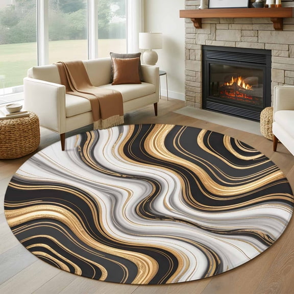 Black Golden Marble Large Round Rug 8 FT, Non Slip Living Room Area Carpet, Gray White Ombre Abstract Texture Washable Soft Circle Rug Non-Shedding Floor Carpet for Bedroom Office Dining Room