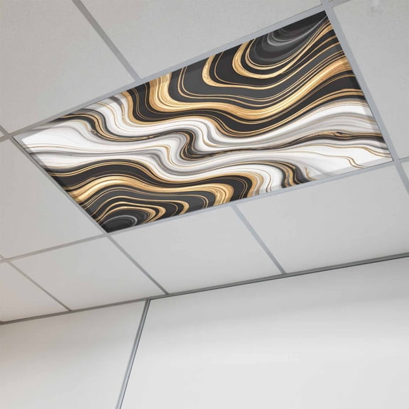Black Golden Marble Magnetic Fluorescent Light Covers for Ceiling Lights 2x4Ft, Gray White Ombre Abstract Texture Office Classroom Kitchen Drop Ceiling Light Covers Lighting Filters Shade Panel 1Pack