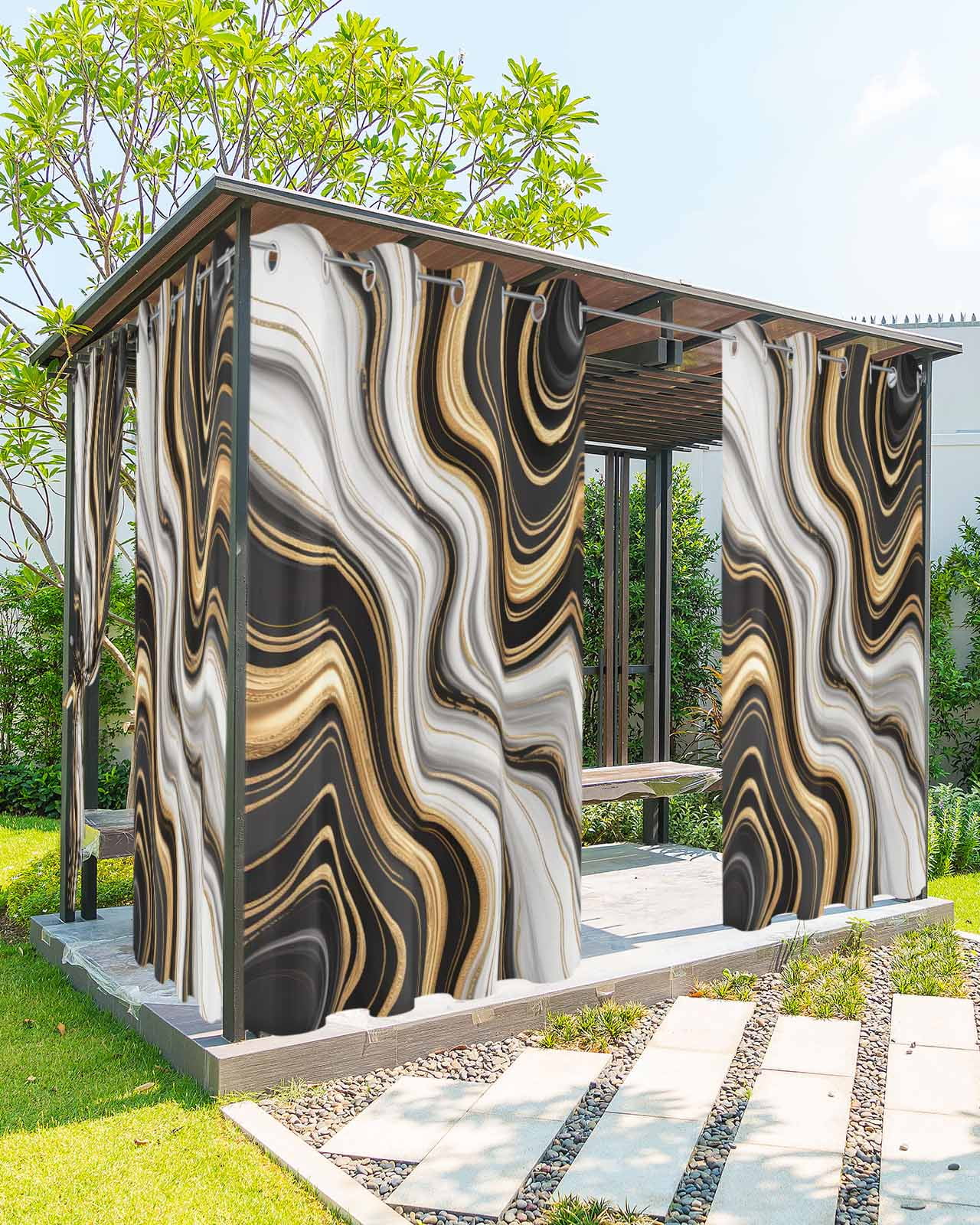 Black Golden Marble Outdoor Curtains for Patio, Gray White Ombre Abstract Texture Privacy Drapes Grommet Waterproof Outside Curtains for Porch/Cabana/Balcony 54"x 95", 2 Panel