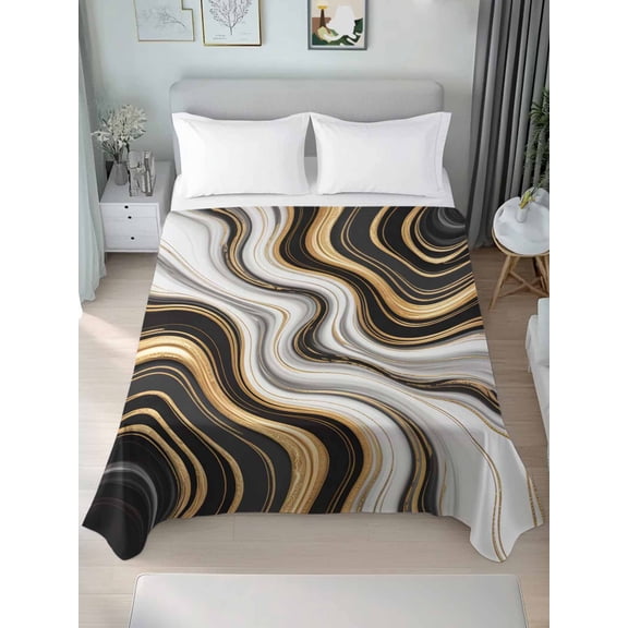 Black Golden Marble Queen Size Flat Sheet, Wrinkleproof & Fadeproof Cooling Flat Bed Sheet Only, Gray White Ombre Abstract Texture Breathable Soft Bedding Top Sheets 90 x 102 Inches