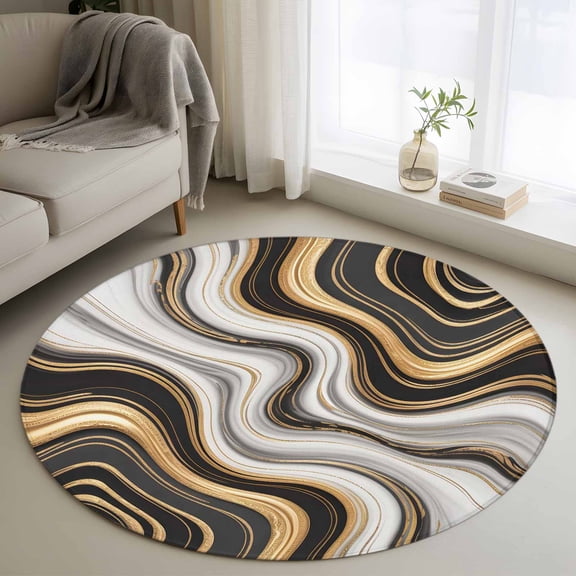 Black Golden Marble Round Area Rug 3.3 FT, Non Slip Small Entryway Kitchen Mat, Gray White Ombre Abstract Texture Washable Soft Circular Rug Non-Shedding Door Mat for Bathroom Playroom Kids Room