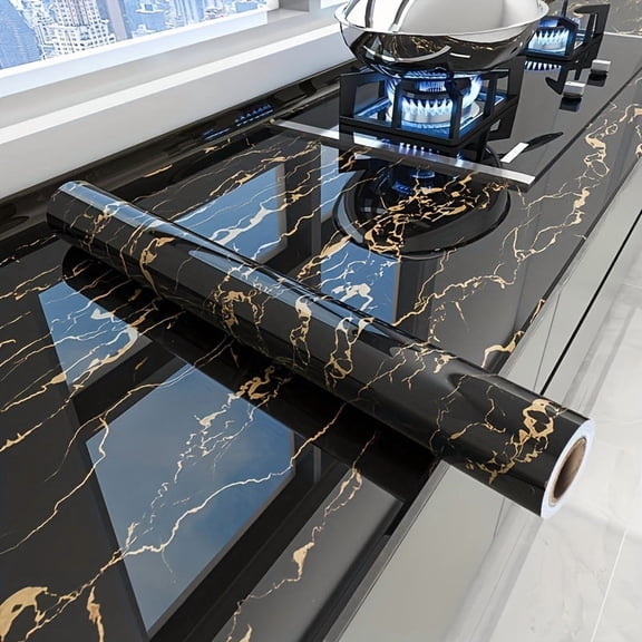 Black & Golden Marble Self-Adhesive Wallpaper - Waterproof, Oil & Heat Resistant, Easy Install for Kitchens, Cabinets, Furniture & Walls, Desktop, Room Decoration Renovation, Strong Adhesive Backing
