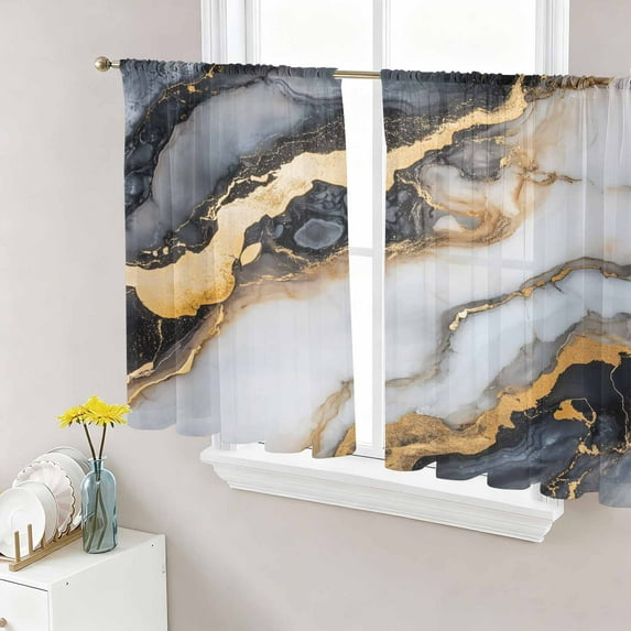 Black Golden Marble Semi Sheer Curtains 54 Inch Length 2 Panels Set, Modern Ink Painted Abstract Sheer Kitchen Curtain Privacy Voile Window Curtain for Living Room Bedroom Rod Pocket Drapes