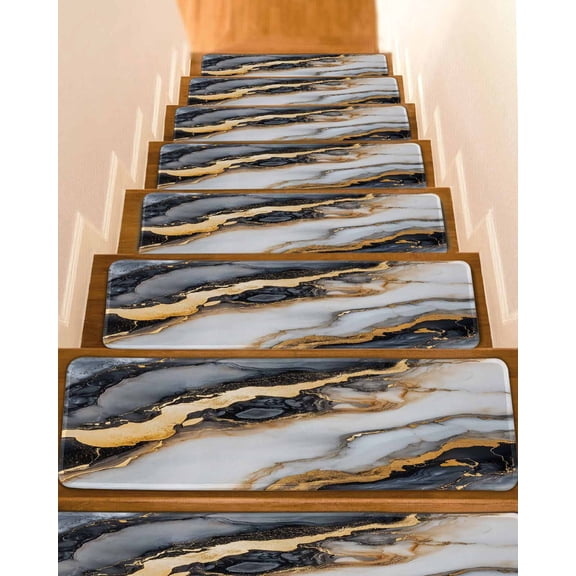 Black Golden Marble Stair Treads for Wooden Steps Indoor Runner Rug Carpet, Modern Ink Painted Abstract 4 Pieces Peel and Stick Staircase Step Treads Covers Washable Throw Door Mats, 30"x8"