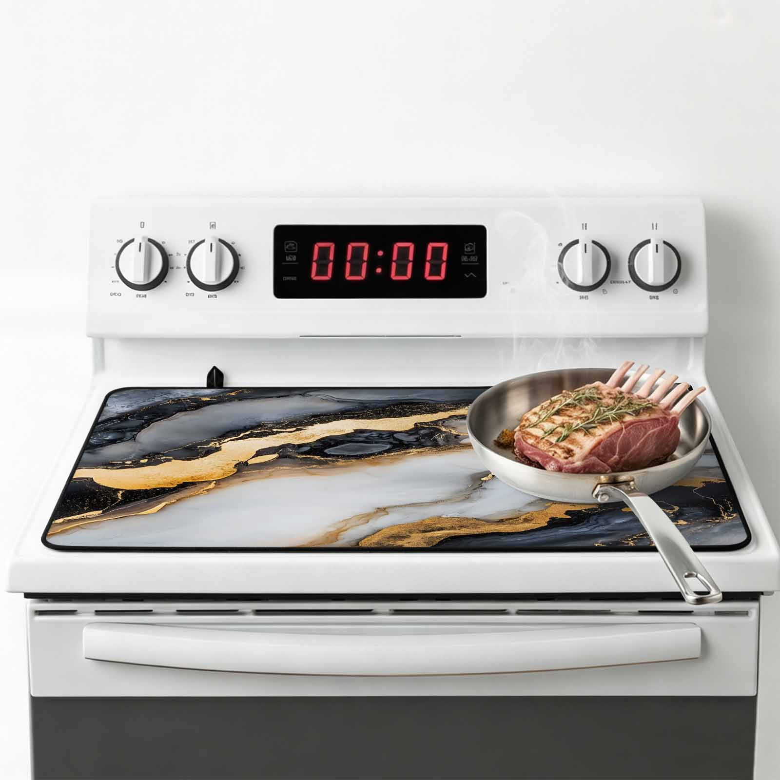 Black Golden Marble Stove Top Cover for Electric Stove, Heat-proof & Non Slip Glass Top Stove Cover Protector, Modern Ink Painted Abstract Kitchen Flat Cooktop Rubber Mat 24x21 Inches