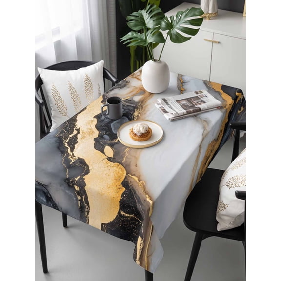 Black Golden Marble Tablecloth Rectangle Table Cloths 54x108, Waterproof Tablecloth Outdoor Table Cloth, Modern Ink Painted Abstract Washable Table Cover for Kitchen Dinning Party