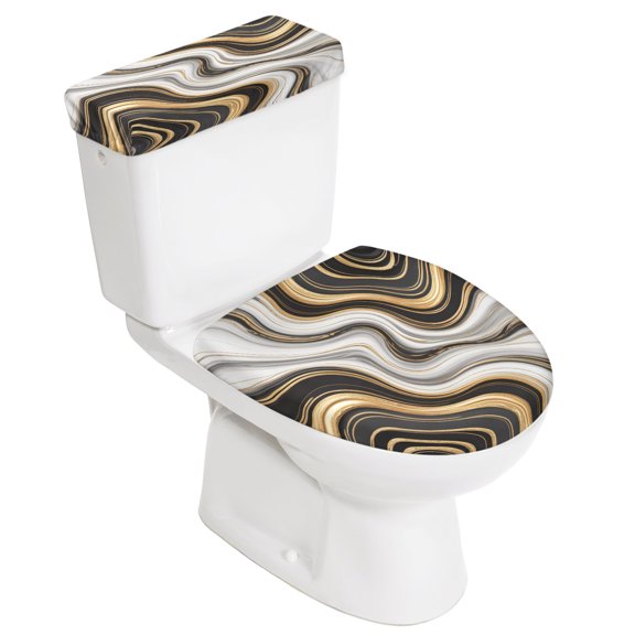 Black Golden Marble Toilet Lid Cover and Toilet Tank Cover, Gray White Ombre Abstract Texture Toilet Seat Cover Set 2 Pack, Washable Stretch Toilet Covers Sets for Bathroom with Elastic Bottom