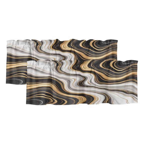 Black Golden Marble Valances for Windows, Decorative Rod Pocket Window Valance Curtains, Gray White Ombre Abstract Texture Short Curtain Drapes for Kitchen/Living Room, 2 Panels, 42" W x 18" L