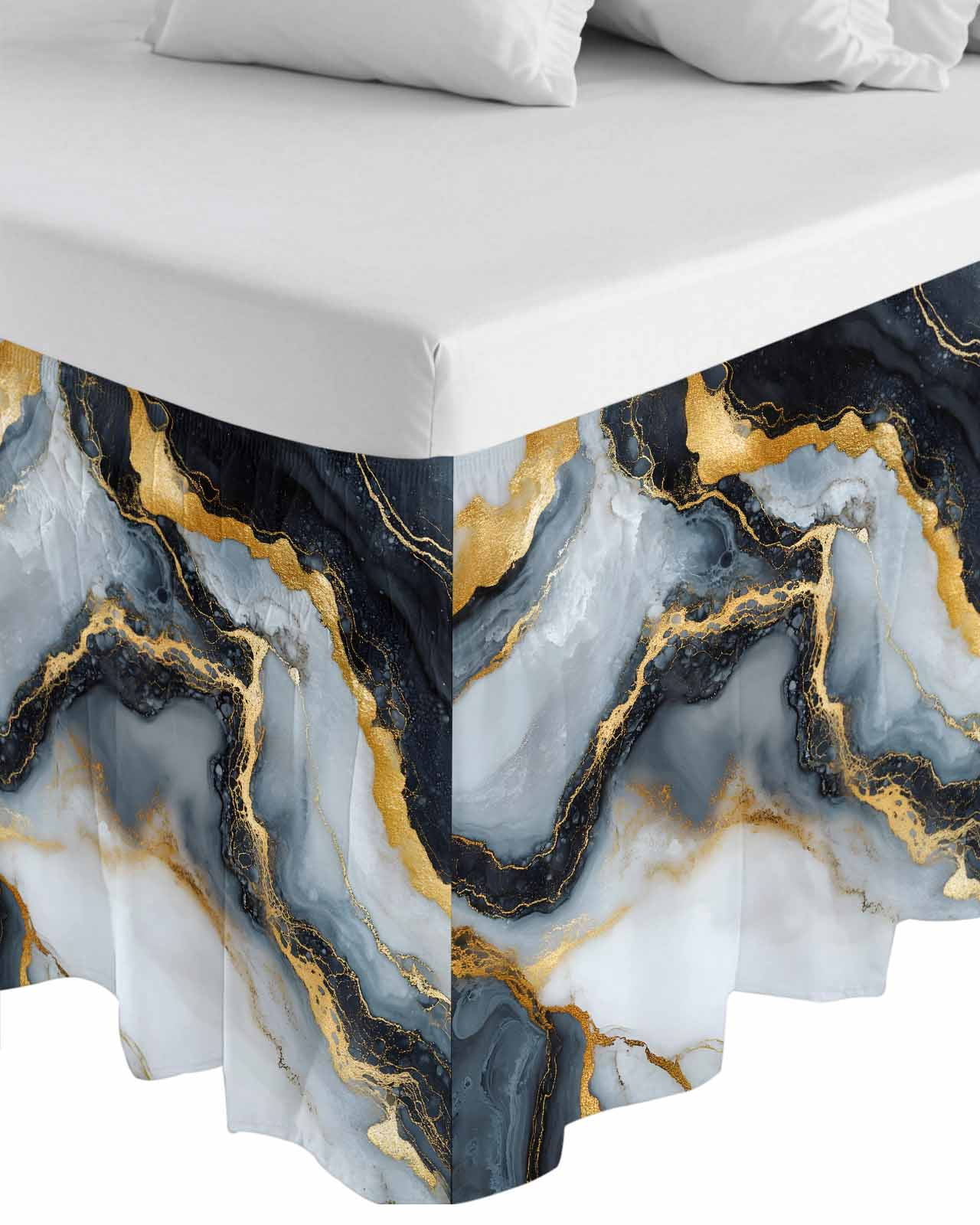 Black Golden Marble Wrap Around Bed Skirts for Queen Bed 16" Drop,Bed Skirt with Adjustable Elastic Belt Dust Ruffle Bed Valance for Bedroom Hotel Luxury Modern Ink Painted Aesthetics Bed Frame Cover