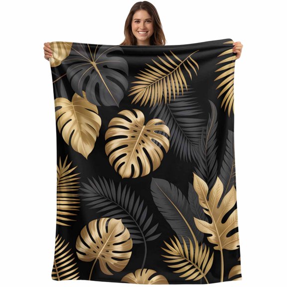 Black Golden Palm Leaf Blanket Soft Cozy Warm Throw Blanket for Couch, Plush Fuzzy Flannel Fleece Blankets for Sofa, Tropical Plant Modern Luxury Bed Blankets Lightweight Gifts for Women, 30"x40"