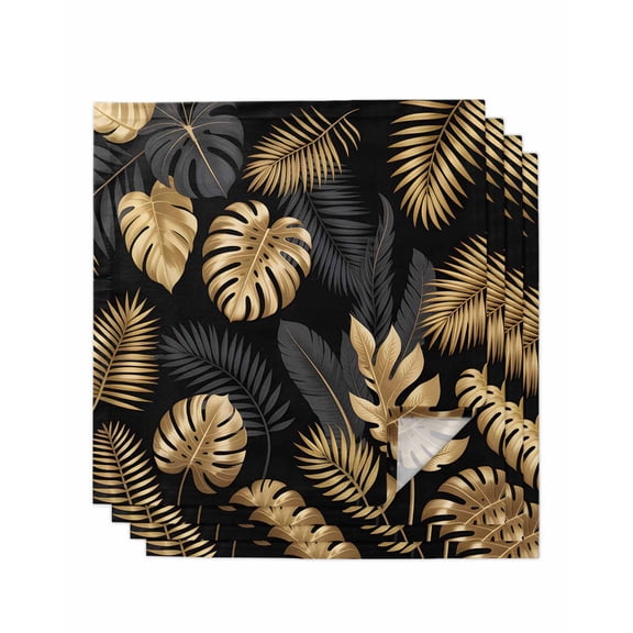 Black Golden Palm Leaf Cloth Napkins Set of 4 Reusable Dinner Napkins, Tropical Plant Modern Luxury Cocktail Napkin Washable Table Napkins for Wedding/Holiday Party/Baby Shower 20"x20"