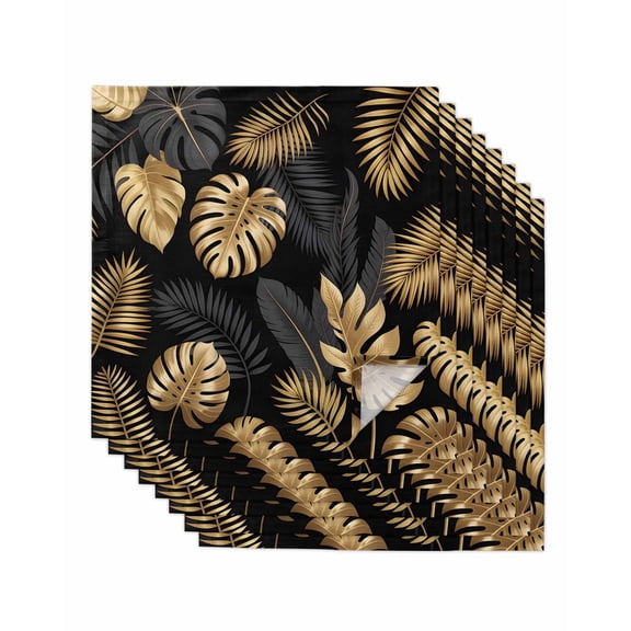 Black Golden Palm Leaf Cloth Napkins Set of 8 Reusable Dinner Napkins, Tropical Plant Modern Luxury Cocktail Napkin Washable Table Napkins for Wedding/Holiday Party/Baby Shower 20"x20"