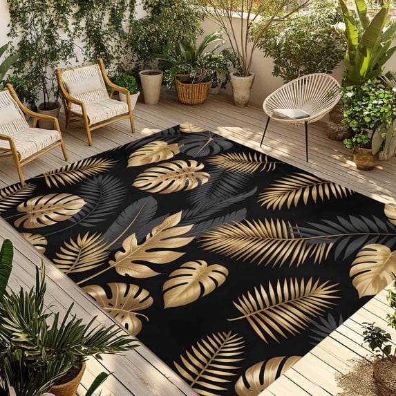 Black Golden Palm Leaf Outdoor Rug for Patio/Deck/Porch, Non-Slip Large Area Rug 3 x 5 Ft, Tropical Plant Modern Luxury Indoor Outdoor Rugs Washable Area Rugs, Reversible Camping Rug Carpet Runner