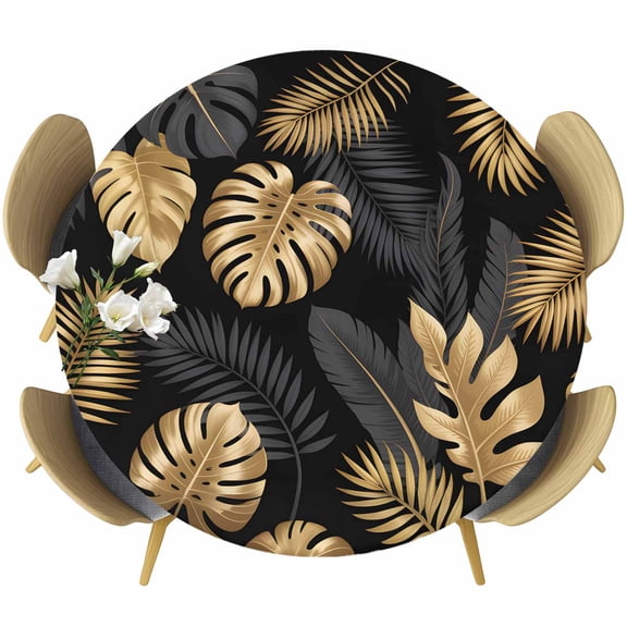 Black Golden Palm Leaf Round Tablecloth, Fitted Table Cover with Elastic for 36"-44" Round Tables, Tropical Plant Modern Luxury Table Cloth Outdoor Indoor Dinning Party Waterproof Tablecloths
