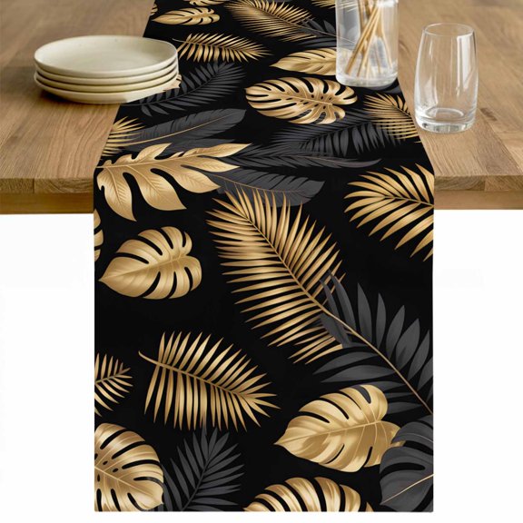 Black Golden Palm Leaf Table Runner 70 Inches Long Farmhouse Dress Scarves, Tropical Plant Modern Luxury Dining Tablerunner for Coffee Table/Kitchen Island/Party Décor, 13" x 70"