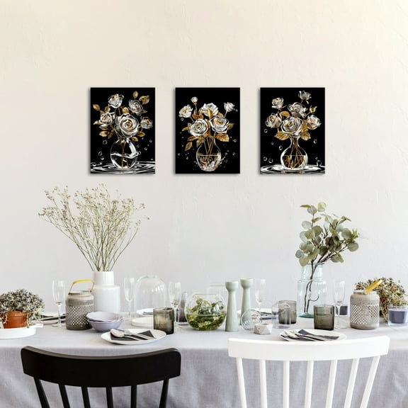 Black Golden Rose Flower Canvas Wall Art 3 Pieces Abstract Black and Gold Leaf Bloom Floral Pictures Prints for Living Room Decor 12"x16"x3Pcs
