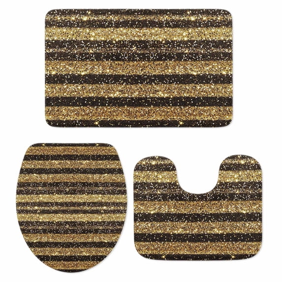Black Golden Striped Bath Mat 3 Piece Bathroom Rug Set, Luxury Farmhouse Stripes Non Slip Bath Rug Contour Mat and Toilet Lid Cover, Absorbent Shower Mats Soft Bath Rugs and Mats Sets