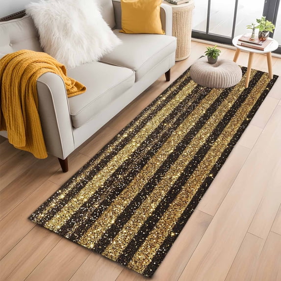 Black Golden Striped Runner Rug 2x6 FT, Non Slip Hallway Rugs, Luxury Farmhouse Stripes Washable Soft Floor Carpet Non-Shedding Throw Runner Carpet Long Rug for Entryway Kitchen Bedside Sliding Door