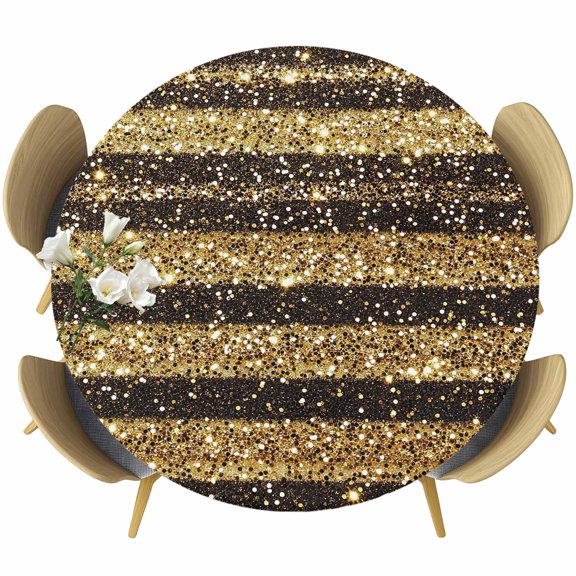 Black Golden Striped Table Cloth, Round Fitted Tablecloths with Elastic Edge, Luxury Farmhouse Stripes Wipeable Waterproof Table Cover for Kitchen Wedding 36-44 Inches