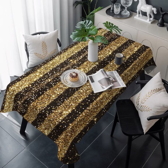 Black Golden Striped Table Cloth Waterproof Tablecloths, Luxury Farmhouse Stripes Tablecloth Dining Table Cover for Kitchen Party Tabletop Outdoor, Rectangle Tablecloth 60x120 Inch
