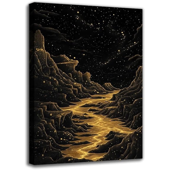 Black And Golden Texture Canvas Wall Art Prints - Modern Framed minimalist style Mountain River Art Paintings For Living Room Wall Decor For Bedroom Bathroom Hallway Office Ideal Gifts for Her/Him