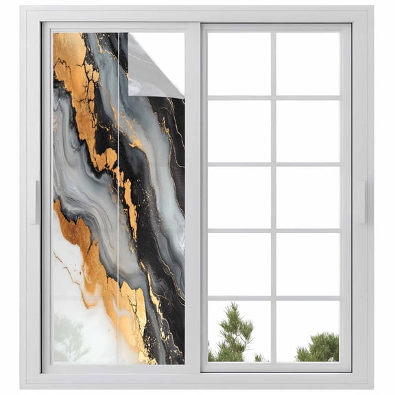 Black Golden Window Privacy Film, Marble Aesthetics Modern Ink Painted Static Cling UV Sun Blocking Heat Control Window Tint Day and Night, Non-Adhesive One Way Windows Privacy Cover 23.6''x59''