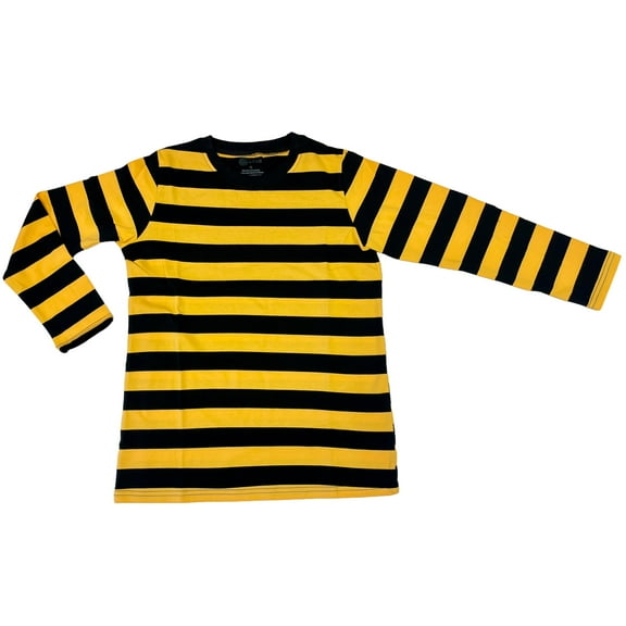 Black Golden Yellow Stripe Kids Long Sleeve Crew Neck Shirt, YS, 1 piece