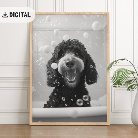 Black Goldendoodle Bathroom Wall Art, Home Decor , Doodle On The Bath, Quirky Art Dog Tet , Pet Portrait Dog Bathtub Wc Unframed Paper Print