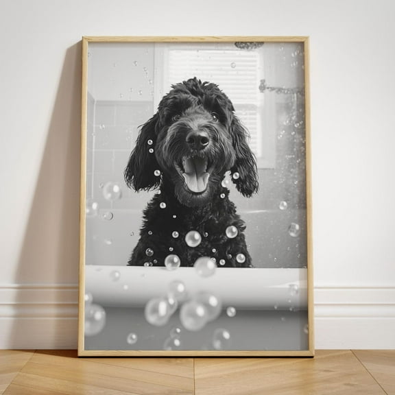 Black Goldendoodle Bathroom Wall Art, Home Decor Poster, Doodle On The Bath, Quirky Art Dog Tet Poster, Pet Portrait Dog Bathtub Wc, F131, Unframed Poster Size 8x12
