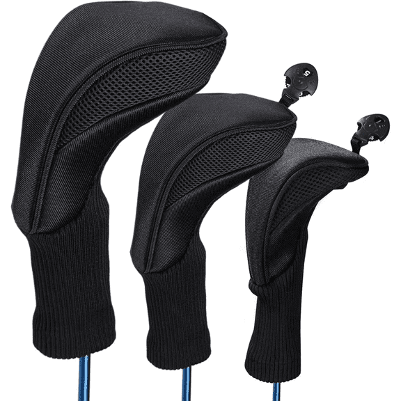 Black Golf Club Head Cover for Driver Fairway 3 Pcs Woods Headcovers, Golf Accessories Hybrid Head Covers Set with Interchangeable Tags 3 4 5 7 X