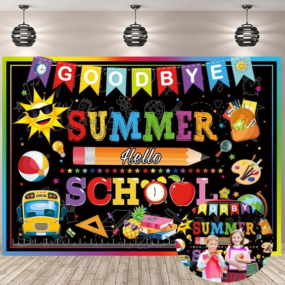 Black Goodbye Summer Back to School Backdrop Chalk Drawing and Blackboard First Day of School Background Welcome Back Classroom Party Decorations Banner Photo Booth Props