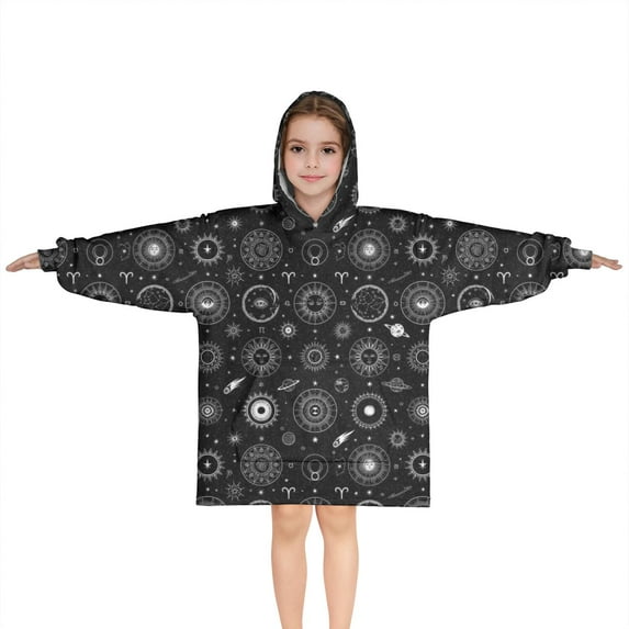 Black Gothic Astrology Symbol Pattern Blanket Hoodies for Kids 6-13YR Oversize Wearable Blanket Hoodies for Boys Girls Teens