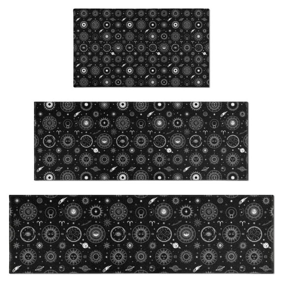 Black Gothic Astrology Symbol Pattern Kitchen Rugs Sets Of 3,Kitchen Runner Rugs Non Skid Washable,Decorative Kitchen Floor Mats for Kitchen,Sink,Laundry,17"x30"+ 17"x47" + 17"x59"