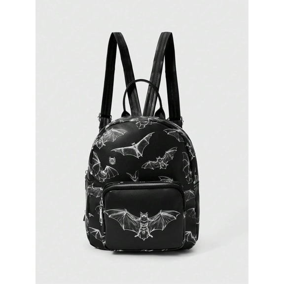 Black Gothic Bat Print Fashion Mini Backpack With Zipper Closure