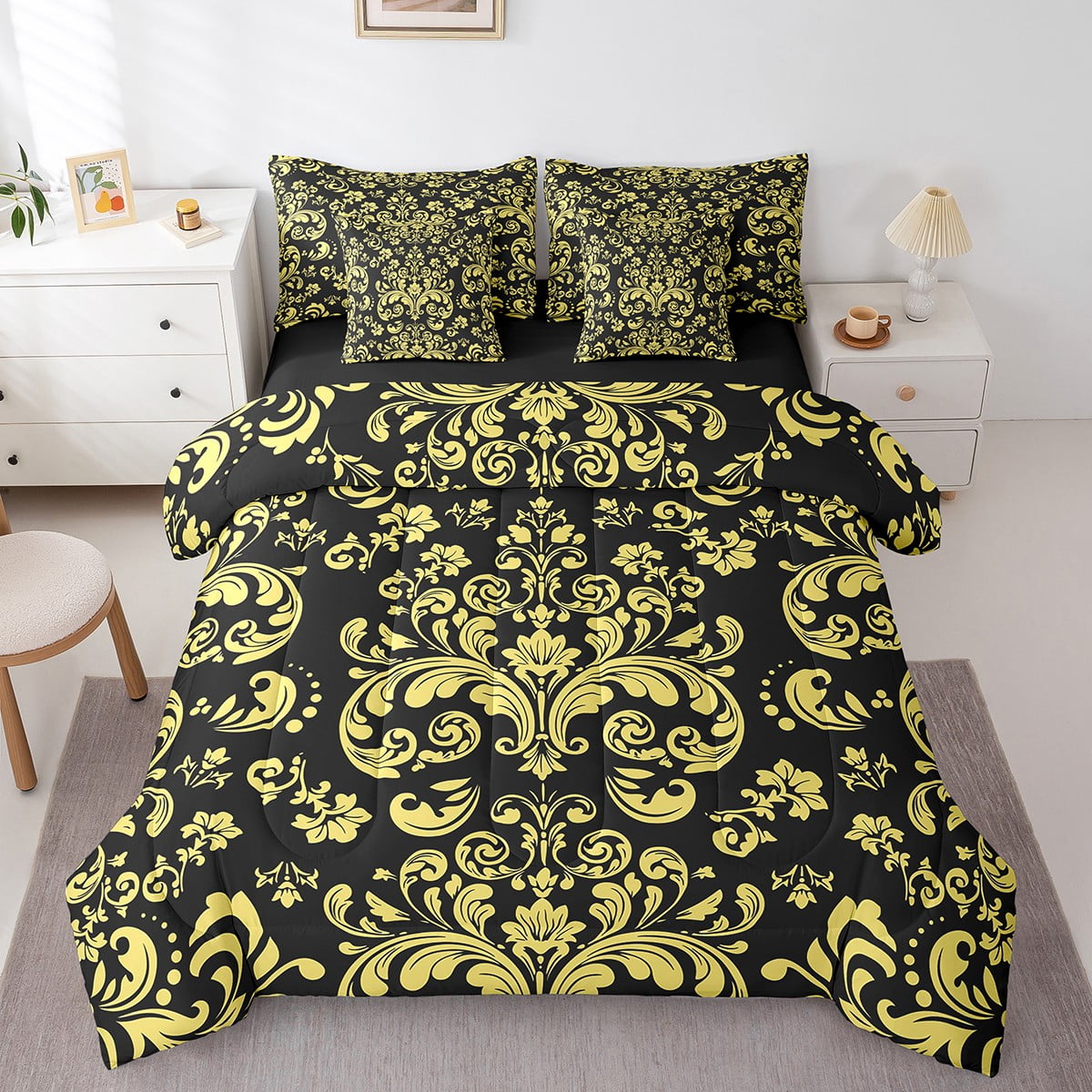 Black Gothic Bedding Set 7 Piece Gold Damask Floral Queen Comforter Set With Sheets Bohemian ...