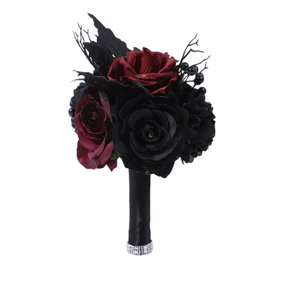 Black Gothic Bridal Bouquet for Wedding, Halloween Gothic Style Artificial Roses Bouquet with Rhinestone and Handle for Halloween Anniversary Wedding Party