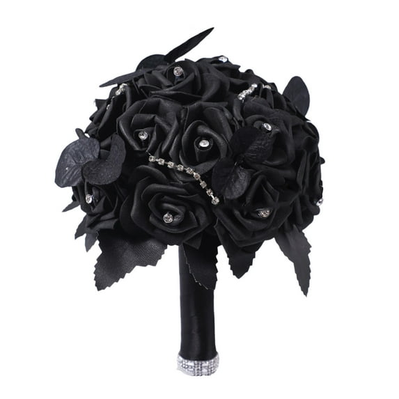 Black Gothic Bridal Bouquet for Wedding, Halloween Gothic Style Artificial Roses Bouquet with Rhinestone and Handle for Halloween Anniversary Wedding Party