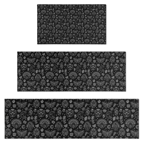 Black Gothic Cat Butterfly Rainbow Pattern Kitchen Rugs Sets Of 3,Kitchen Runner Rugs Non Skid Washable,Decorative Kitchen Floor Mats for Kitchen,Sink,Laundry,17"x30"+ 17"x47" + 17"x59"