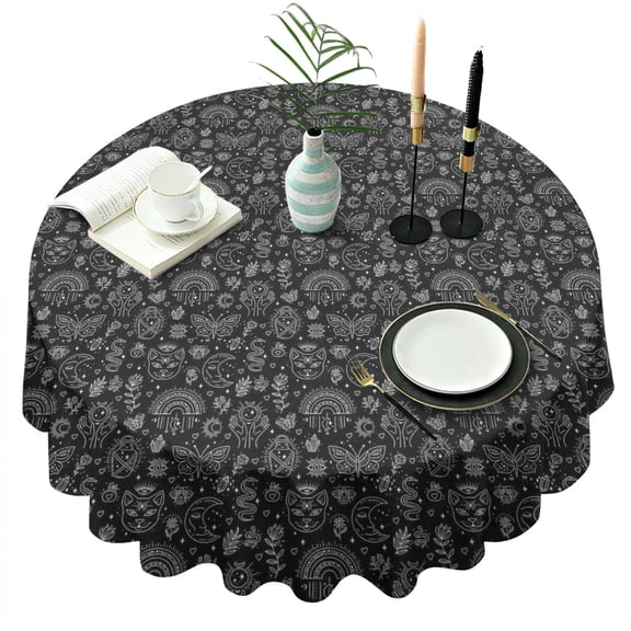 Black Gothic Cat Butterfly Rainbow Pattern Round Tablecloth 60"x60",Wrinkle Wipeable Table Cloth for Kitchen Dining Room Picnic Patio Party