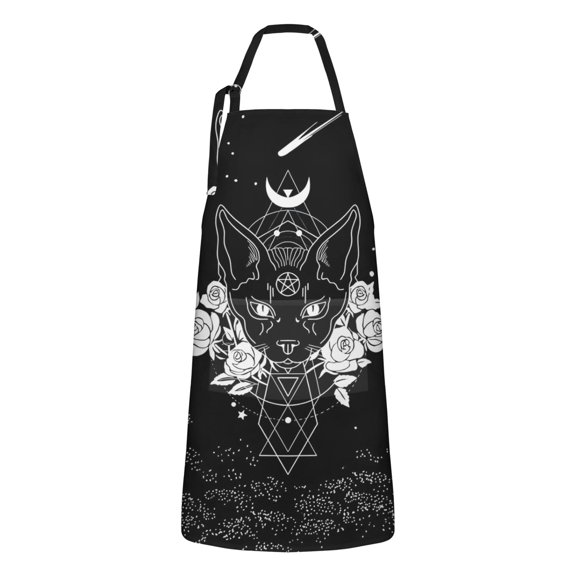 Black Gothic Cat Rose Moon Pattern Apron-Garden Aprons for Women with Pockets-Cotton Linen Waterproof Kitchen Cooking Gardening Aprons Adjustable for Kitchen,Cooking,BBQ and Salon 33x27 Inch