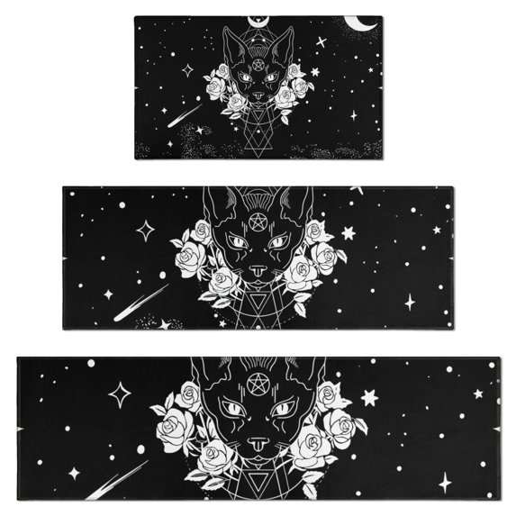 Black Gothic Cat Rose Moon Pattern Kitchen Rugs Sets Of 3,Kitchen Runner Rugs Non Skid Washable,Decorative Kitchen Floor Mats for Kitchen,Sink,Laundry,17"x30"+ 17"x47" + 17"x59"