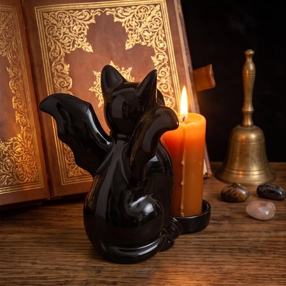 Black Gothic Cat Shaped Ceramic Candle Holder, Halloween Spooky Winged Cat Candle Cup, Decorative Gothic Ornament for Home Decor, Bedroom, Living Room, Mantel and Halloween Holiday Party, Black1