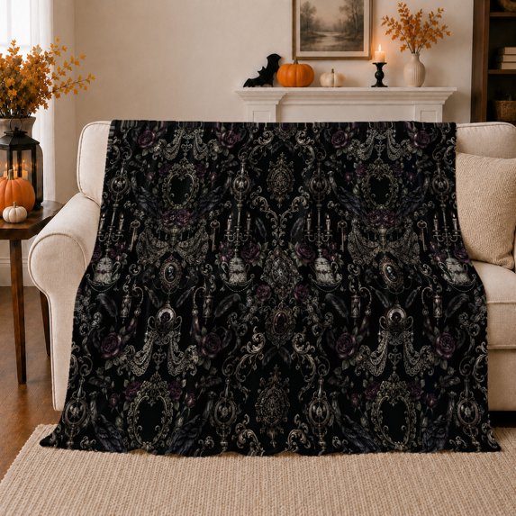 Black Gothic Damask Candelabra Raven Key Pattern Flannel Blanket Home Decor for Gothic Art Fans Halloween Gift Cozy Victorian Scrollwork Living Room Bedroom Den Lounge