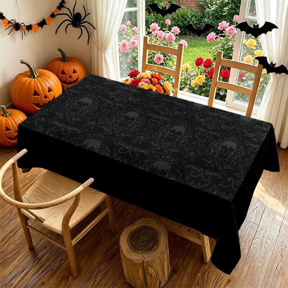 Black Gothic Damask Skull 2D Print Rectangular Tablecloth, Spooky Halloween Table Cover for Indoor Kitchen Outdoor Patio Gatherings,Gift for Home Decor Lovers Halloween Thanksgiving Christmas