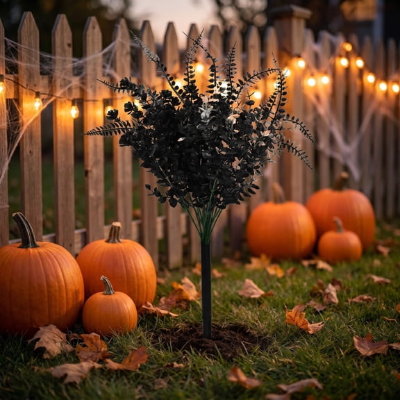 Black Gothic Fern Ground Spike Foliage Pick, Outdoor Fade Resistant Full Bushy Drop Resistant Leaf Stem, Grave Yard Stake Decor for Halloween Dark Themed Yard Cemetery Scene Setup