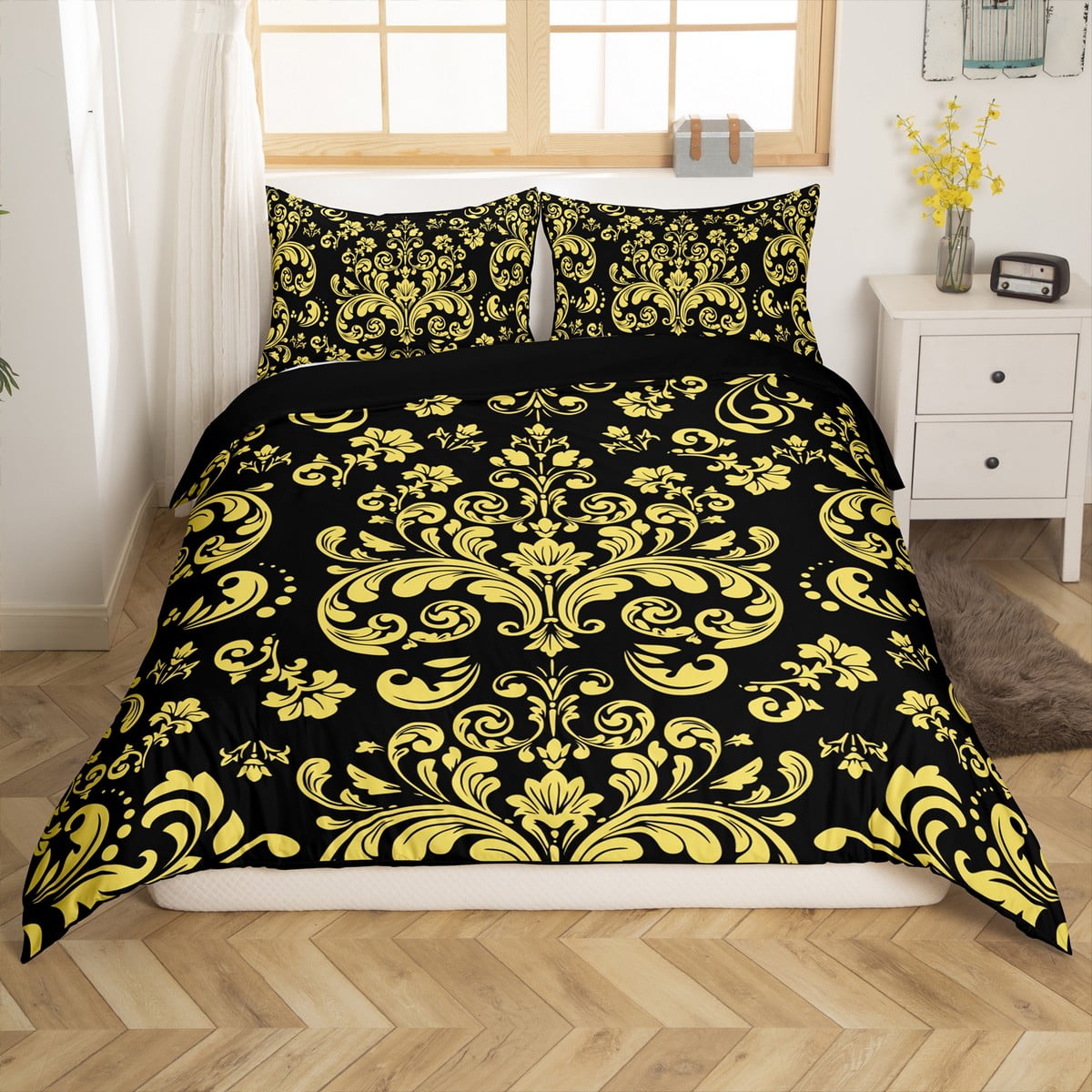 Black Gothic Full Bedding Set Gold Damask Floral Comforter Cover Bohemian Exotic Goth Flower ...