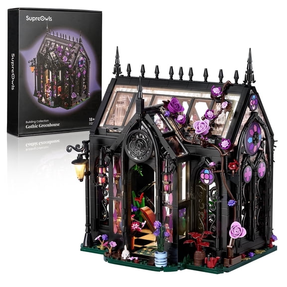 SupreOwls Flower House Building Set for Adults, 1378 Pcs Gothic Greenhouse with LED Lights and Vines, Home Decor Collectible Display Model