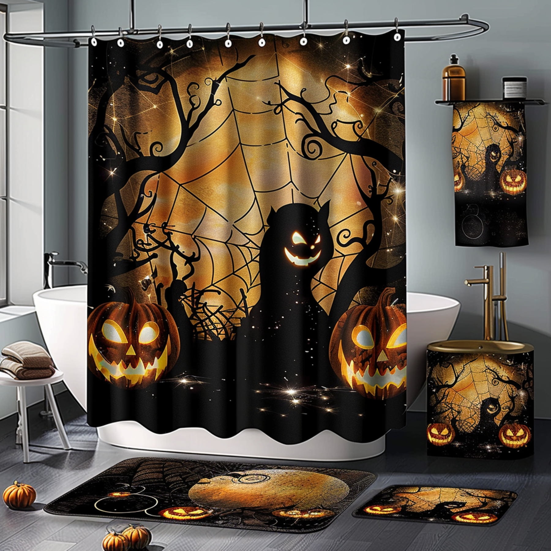 Black Gothic Halloween Shower Curtain Set with Spider Web and Pumpkin