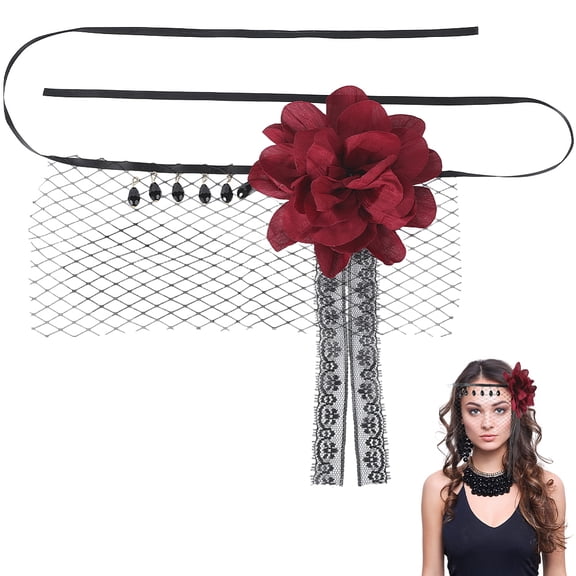Black Gothic Headpiece Red Rose Hairband Mesh Veil Vintage Lace Flower Headband 1920S Flapper Fascinator Costmue Accessories